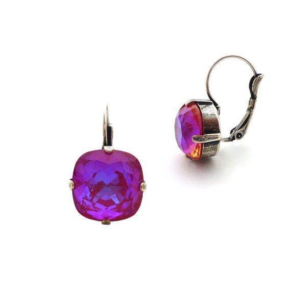 Raspberry Shimmer Premium Crystal Earrings, 12mm Cushion Cut Iridescent Hot Pink - Picture 2 of 3